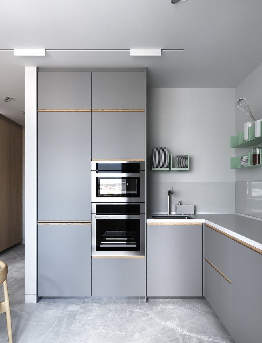 Дизайн Белая Кухня Серый Холодильник