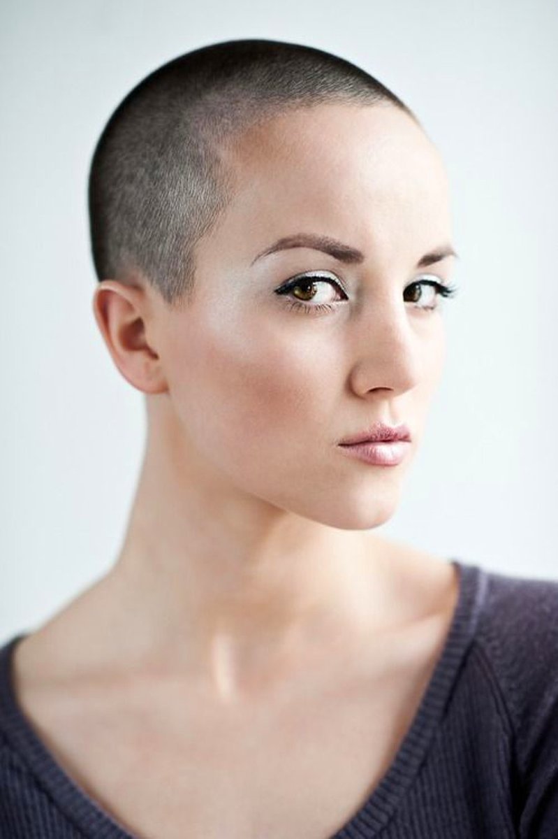 Model with shaved head
