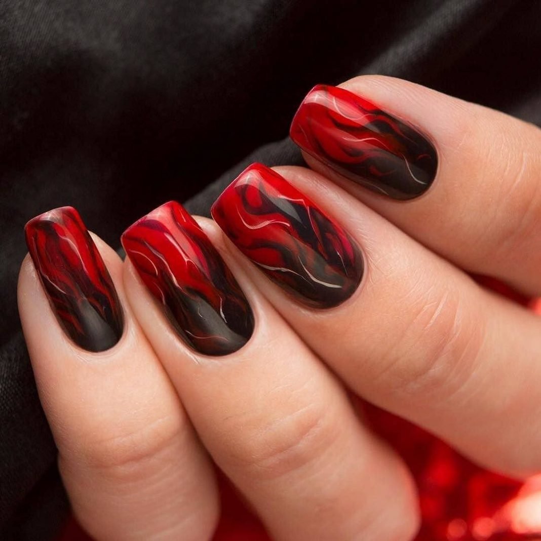 Дизайн Ногтей Короткие Ногти Черно Красный