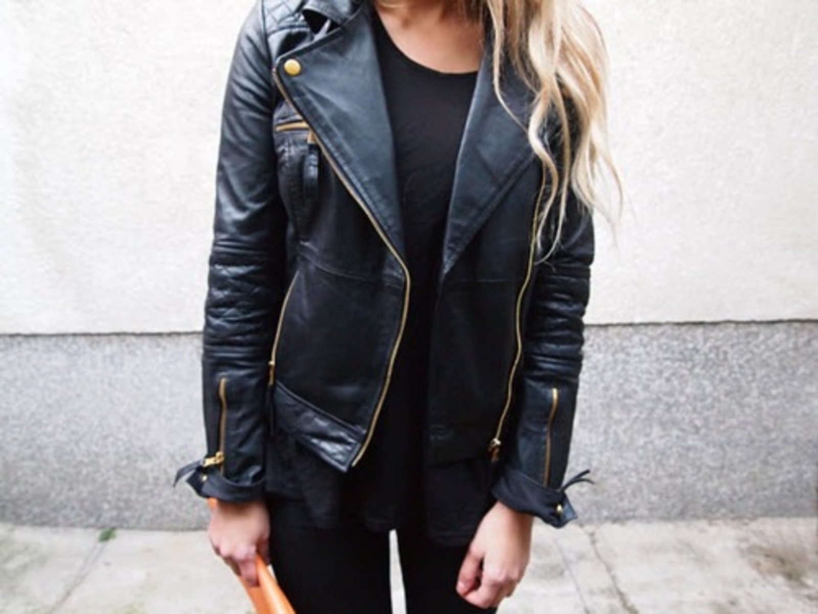 Amateur girl leather jacket pic