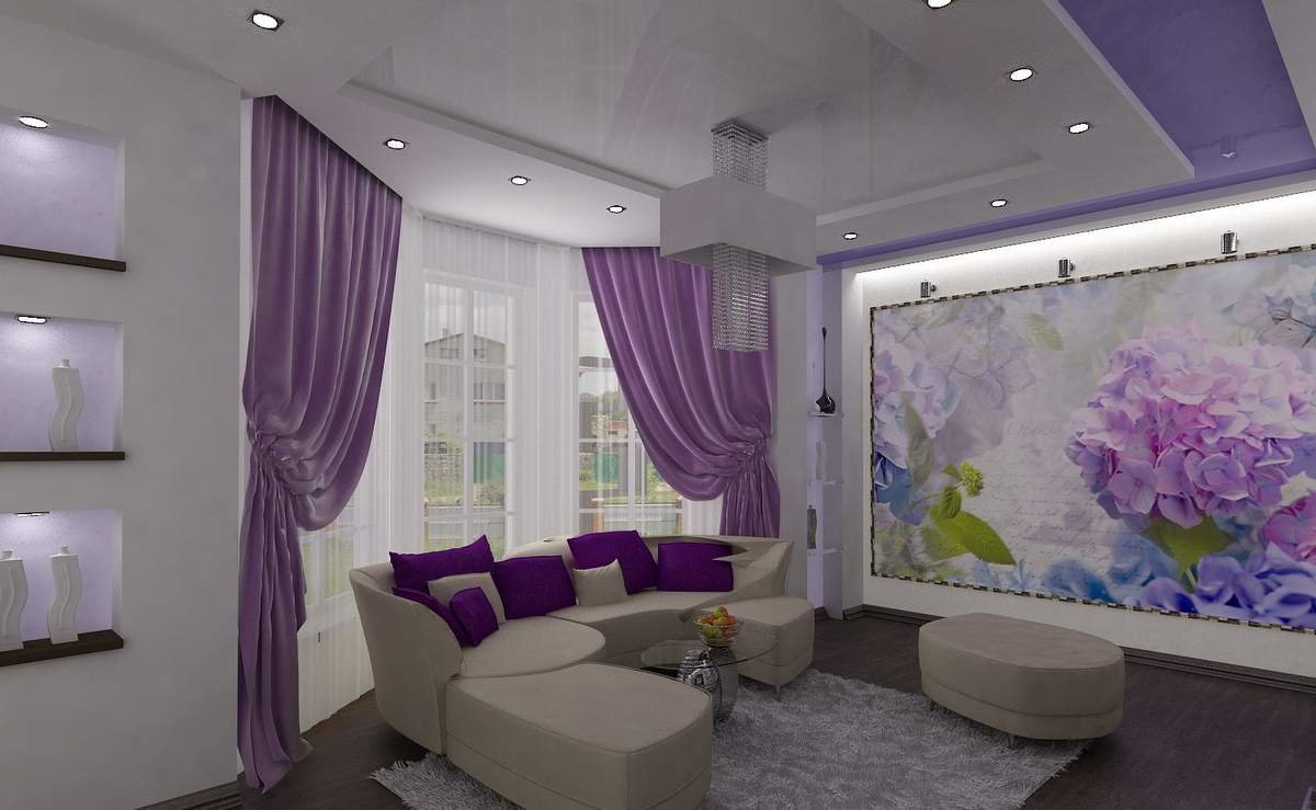 Идеи ремонта гостиной в фиолетовом цвете