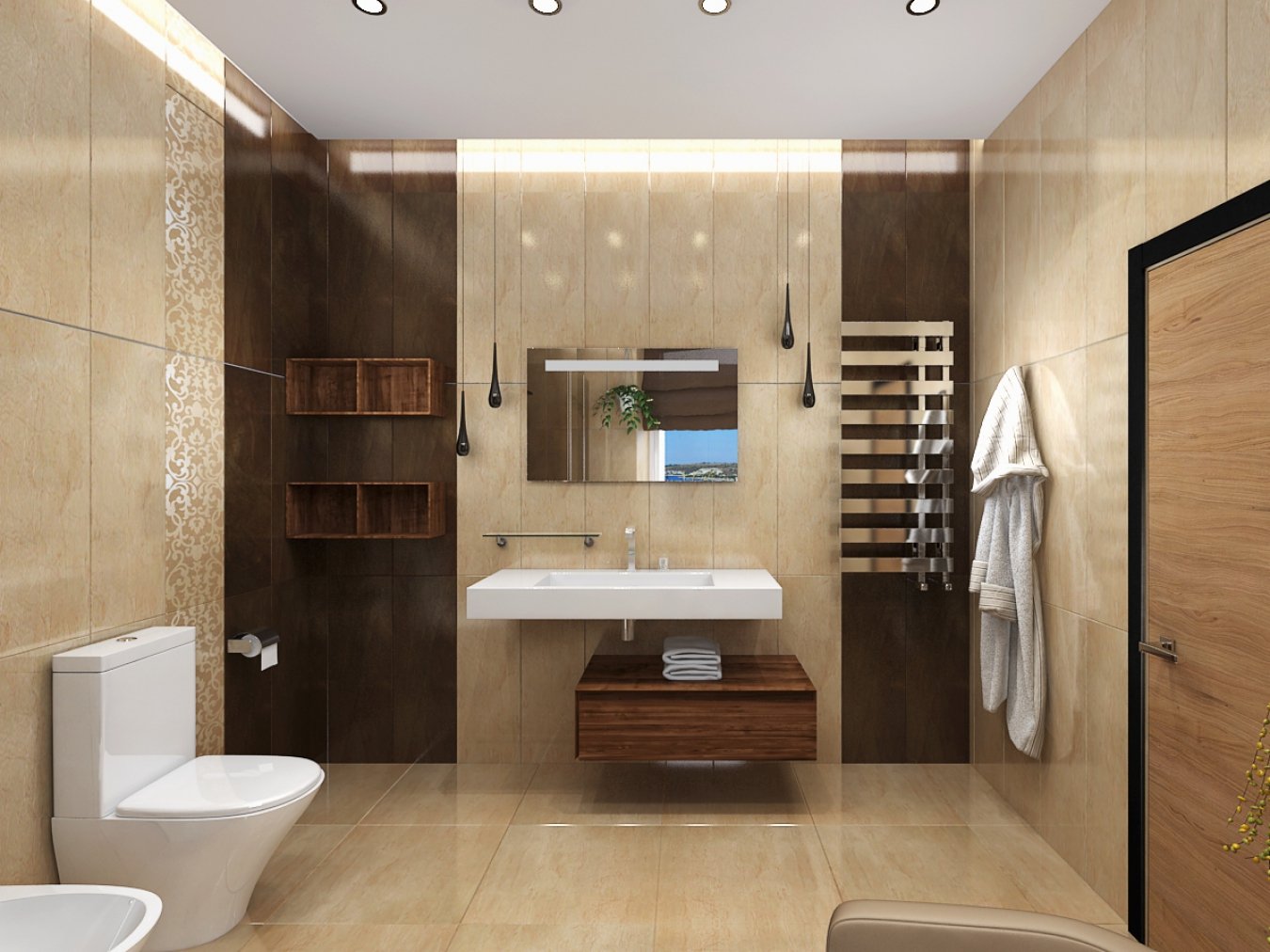 Дизайн ванны с туалетом в современном стиле. Интерьер санузла. Стильная ванная комната. Современный интерьер ванной. Ванная в коричнево-бежевых тонах.