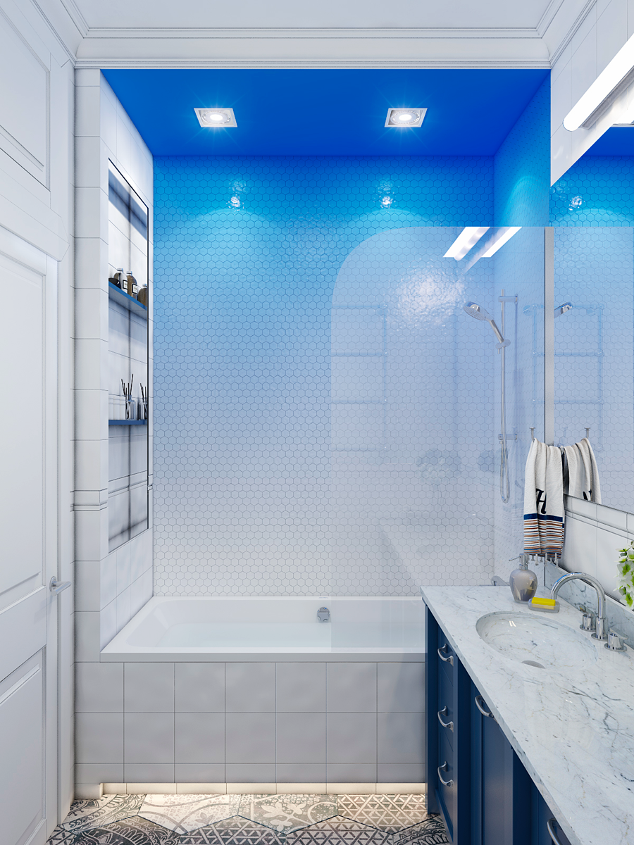 Маленькая ванная комната. Ванная в синем цвете. Ванная в голубых тонах. Маленькая ванная комната дизайн.