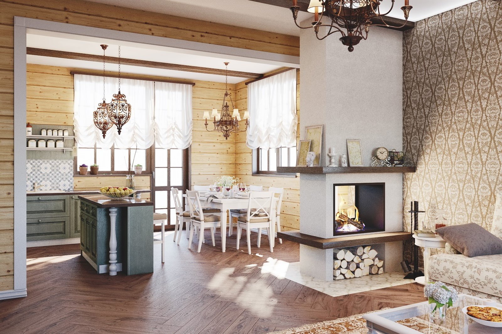 Дизайн гостиных кухонь с каминами (58 фото)