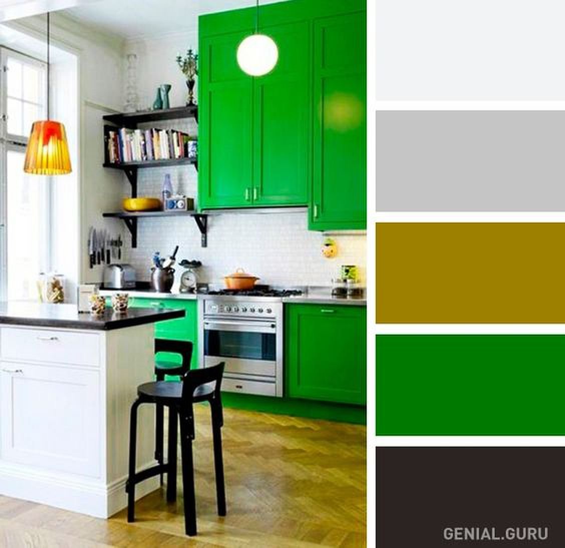 сочетание цветов с зеленым в интерьере кухни