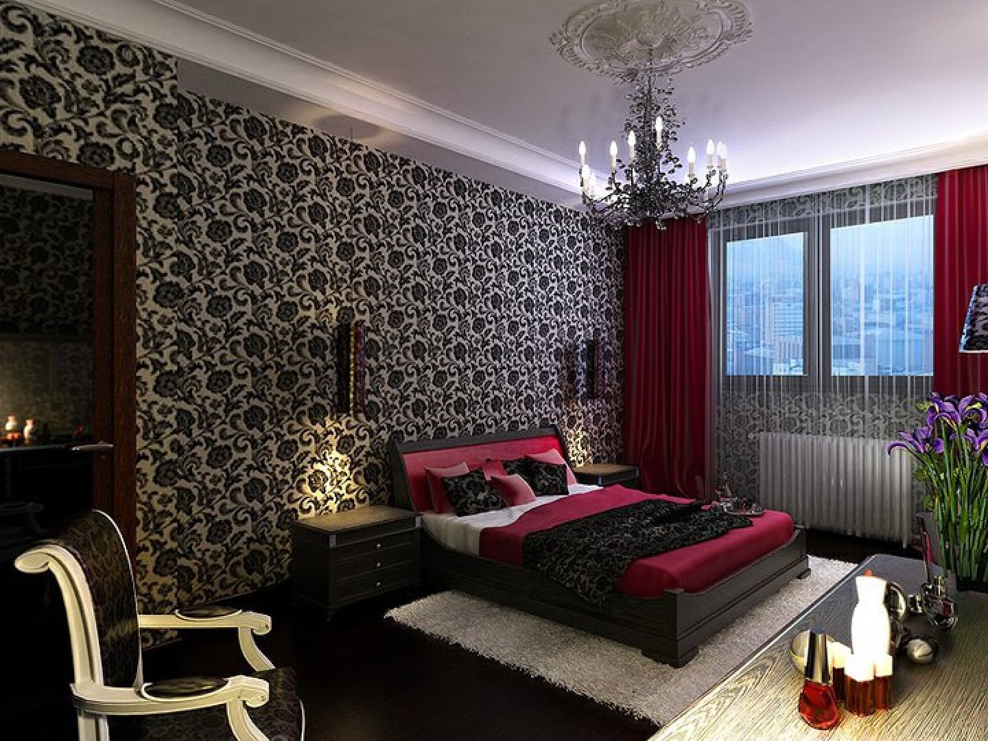 бело бордовый дизайн спальни