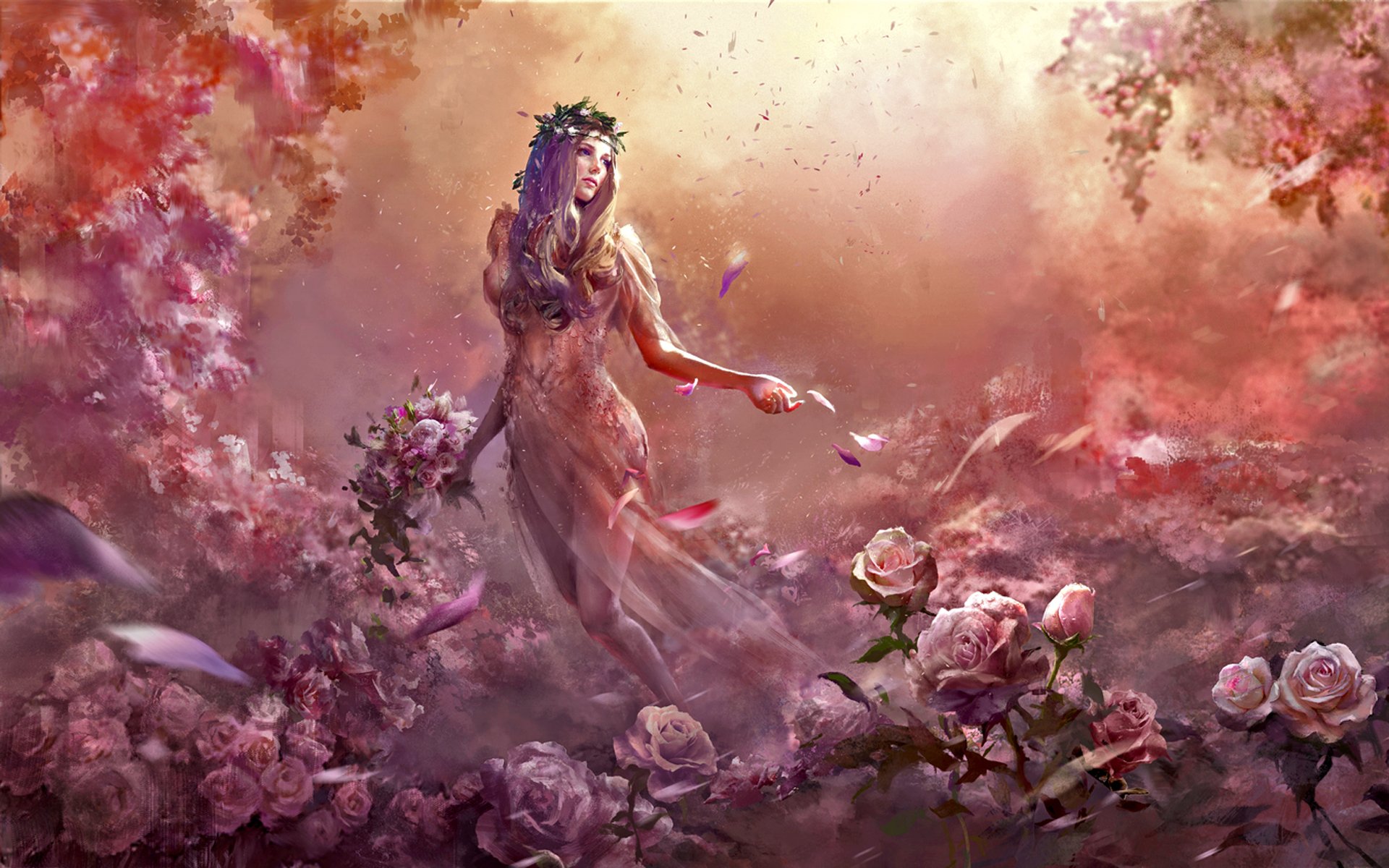 Нимфа весны и цветов. Персефона богиня весны. Цветы фэнтези. Фэнтези девушки.