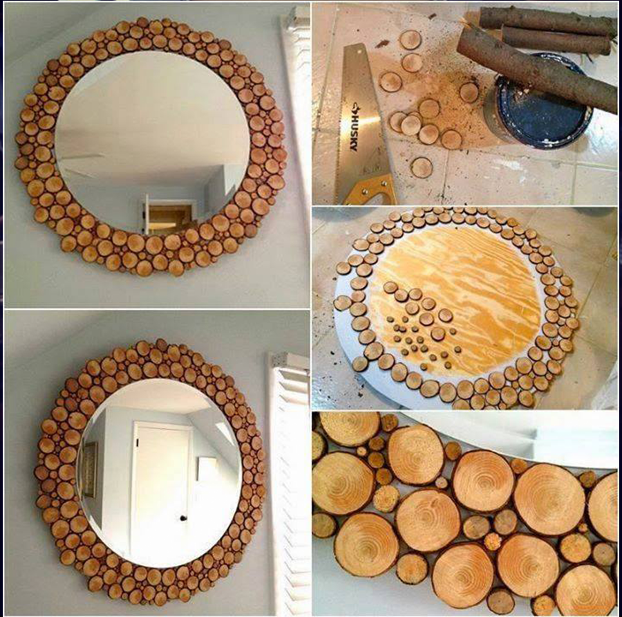 Что сделать из спилов дерева. Декор зеркала из дерева. Декор зеркала своими руками для дома. Рамки из спилов дерева. Декор деревянной рамки для зеркала.