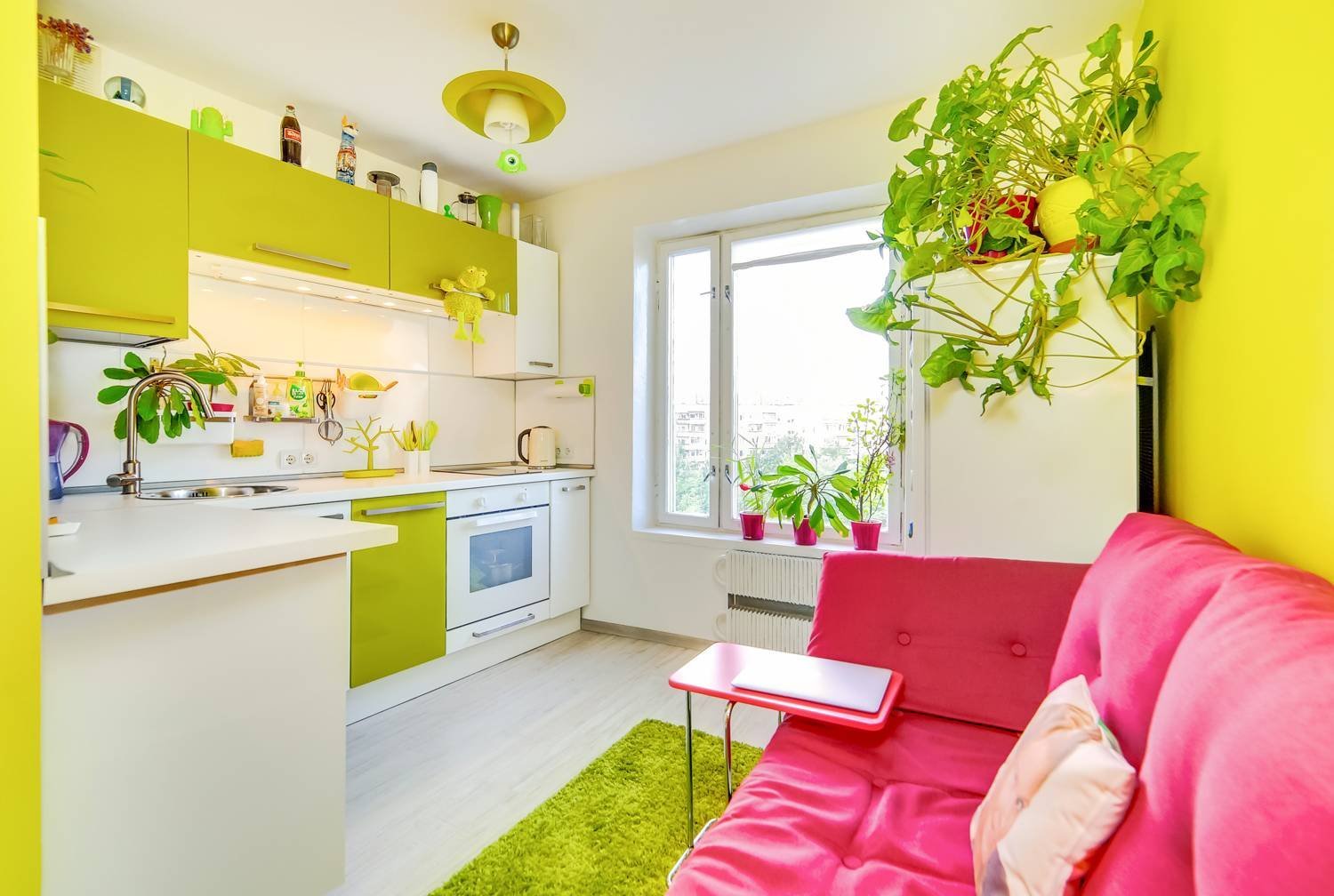 Купить однокомнатную квартиру в зеленом. Яркая кухня. Яркий интерьер кухни. Кухня в желто зеленых тонах. Яркие маленькие кухни.