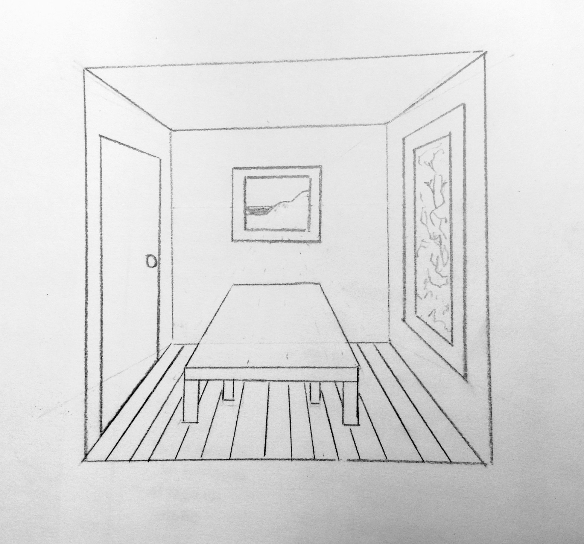 Рисунок комнаты 7 класс легко. Фронтальная перспектива интерьера комнаты. Чертеж комнаты в перспективе. Рисование комнаты в перспективе. Рисование интерьера комнаты в перспективе.