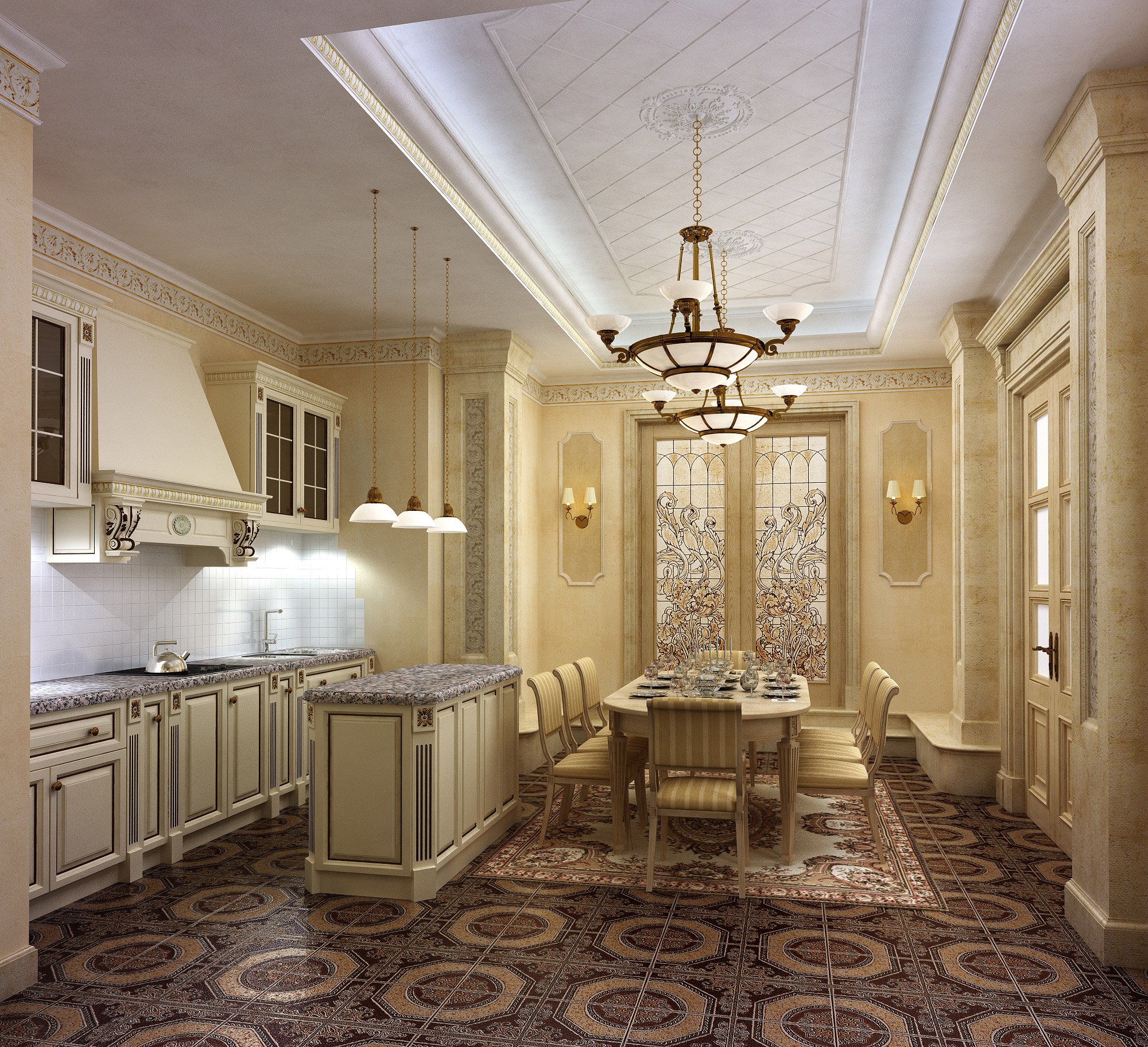 Кухни столовые в квартире. Красивые интерьеры в классическом стиле. Красивые кухни столовые. Потолок в классическом стиле. Интерьер кухни столовой.