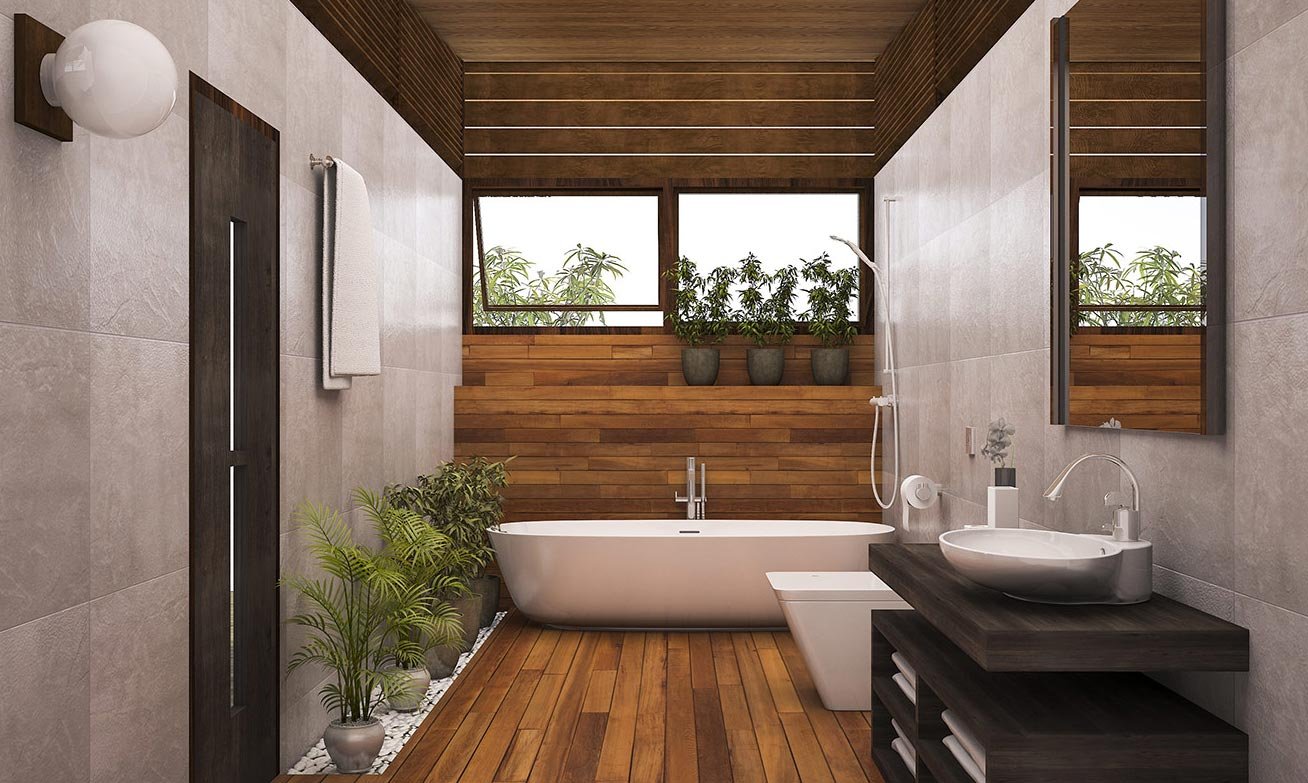 деревянный пол в интерьере ванной