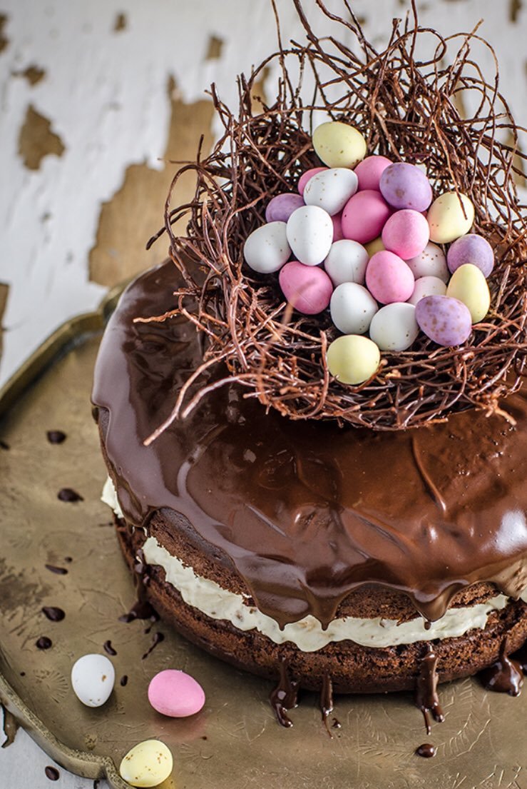 Гнездо из шоколада. Украшение торта. Украшение шоколадного торта. Украшение пасхального торта.