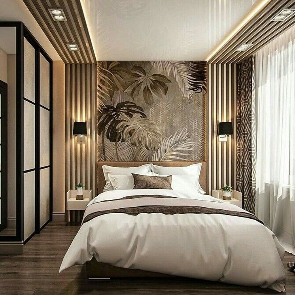 декор стен обоями в спальне в современном стиле
