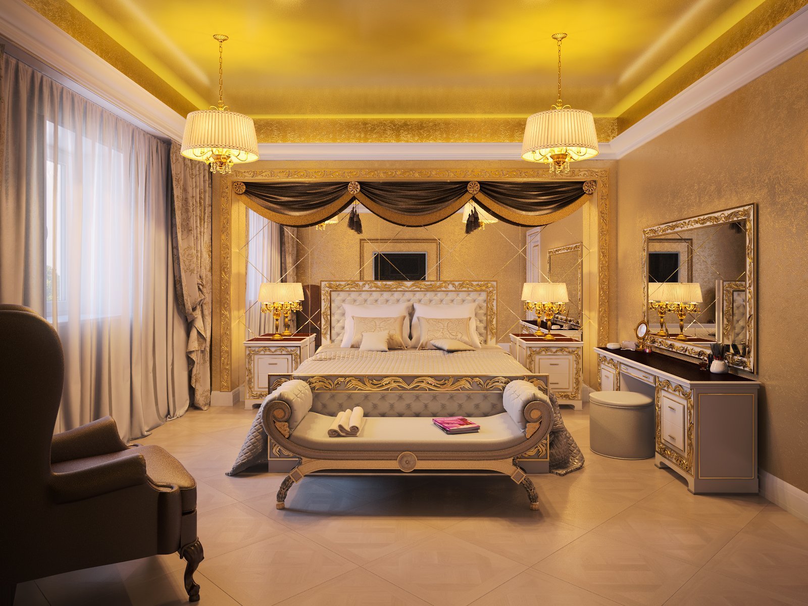 Золотистый интерьер. Шикарная спальня. Роскошный интерьер спальни. Дорогой интерьер. Роскошные комнаты.