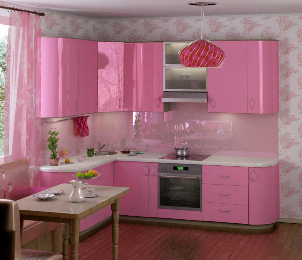 Розовая кухня. Кухня в розовом цвете. Розовый гарнитур для кухни. Кухонный гарнитур в розовом цвете.