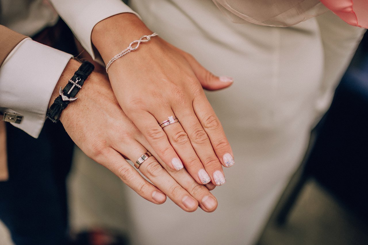 Кольцо обручальное на женской руке фото