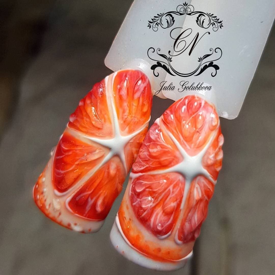 Мандарин гель. Фрукты на ногтях. Маникюр с фруктами. Апельсин на ногтях. Маникюр с дольками фруктов.