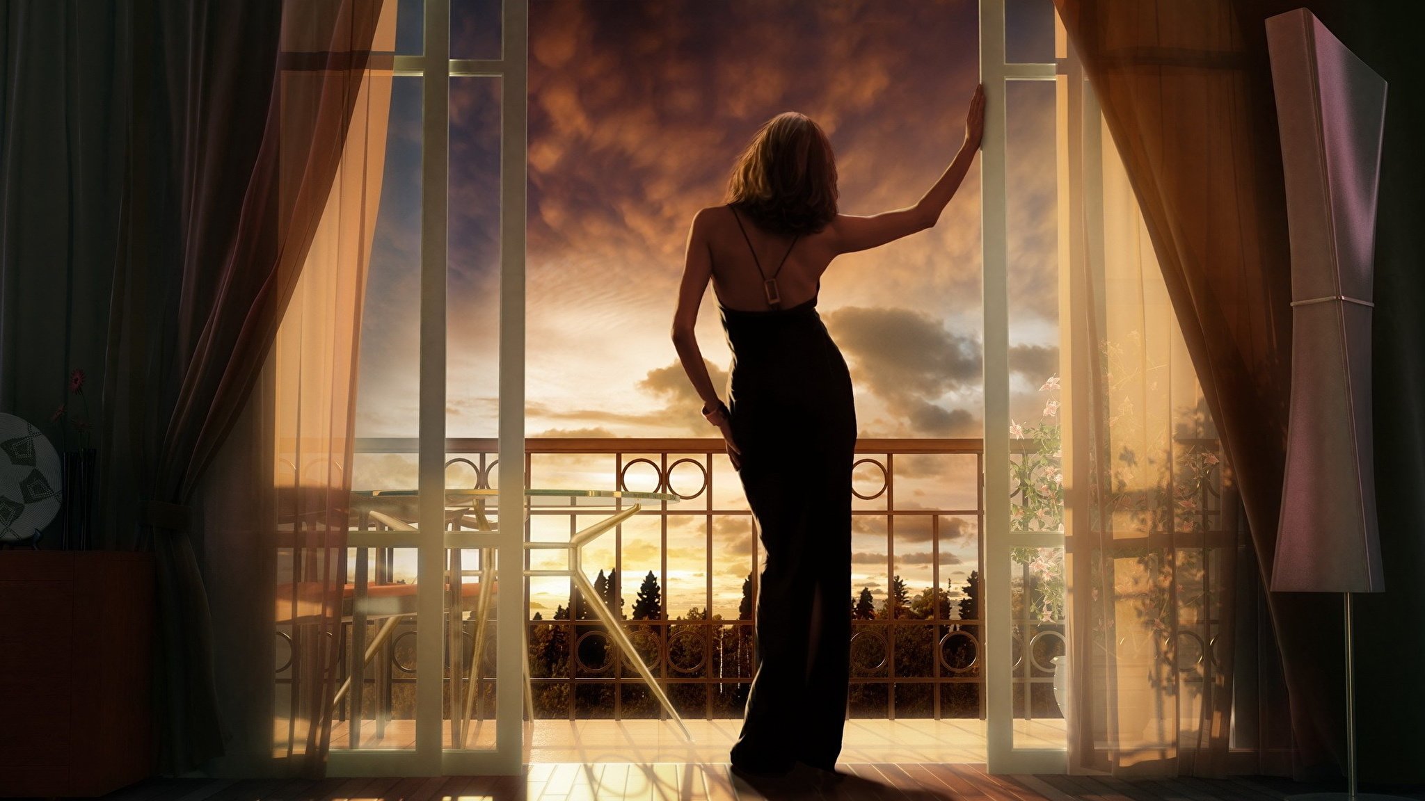 Она танцует в белом платье смотрит тайно. Девушка на балконе. Девушка у окна. Девушка у окна со спины. Фотосессия возле окна.