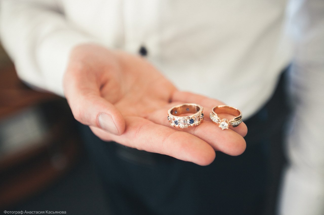 Мужское свадебное кольцо на руке