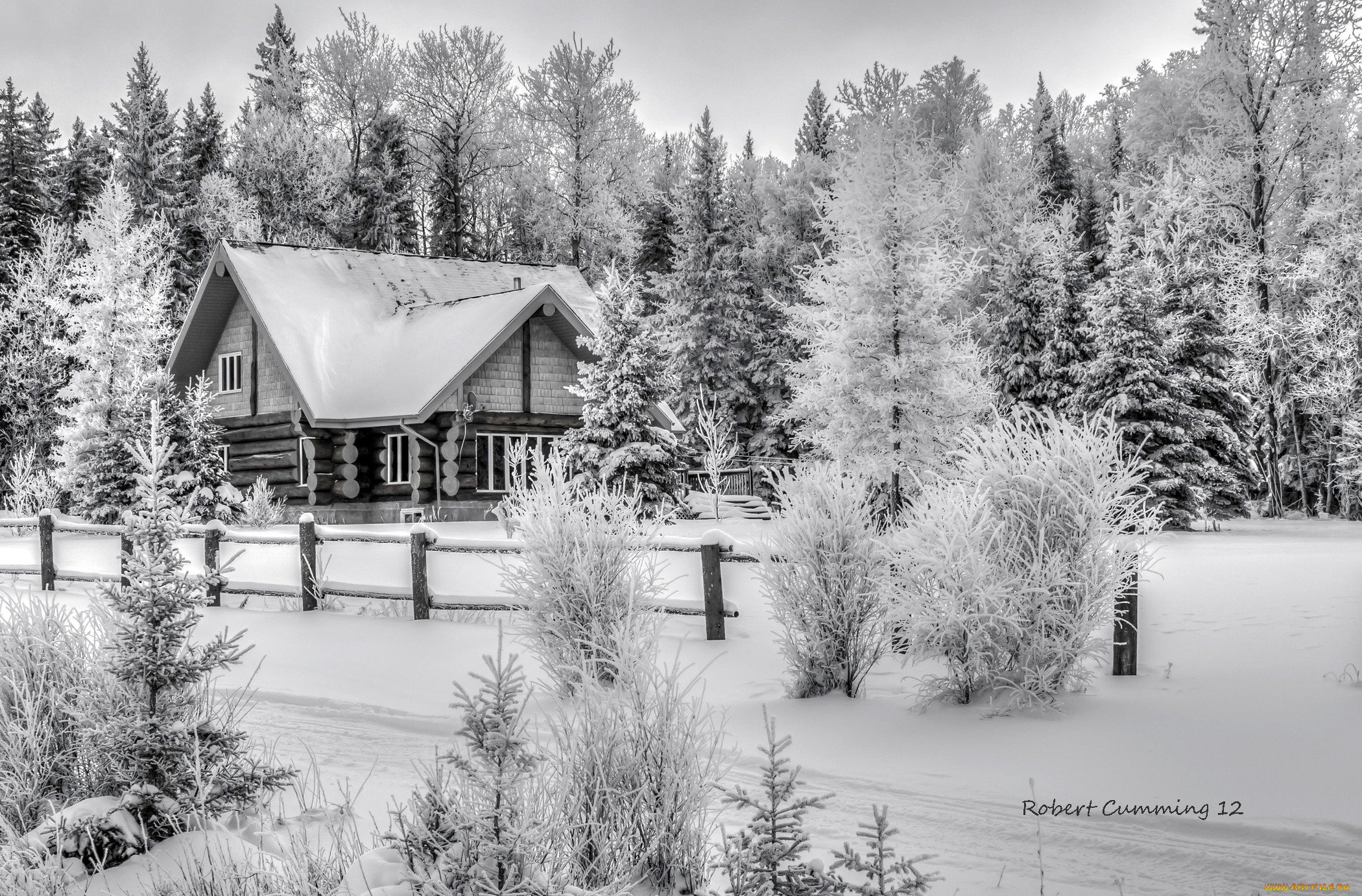 Зимний пейзаж с деревянным домом