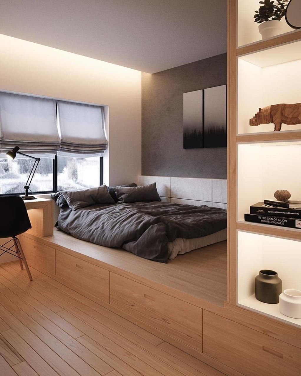 Дизайн подиум. Интерьер маленькой комнаты. Стильная маленькая комната. Кровать на подиуме в интерьере. Стильная маленькая спальня.