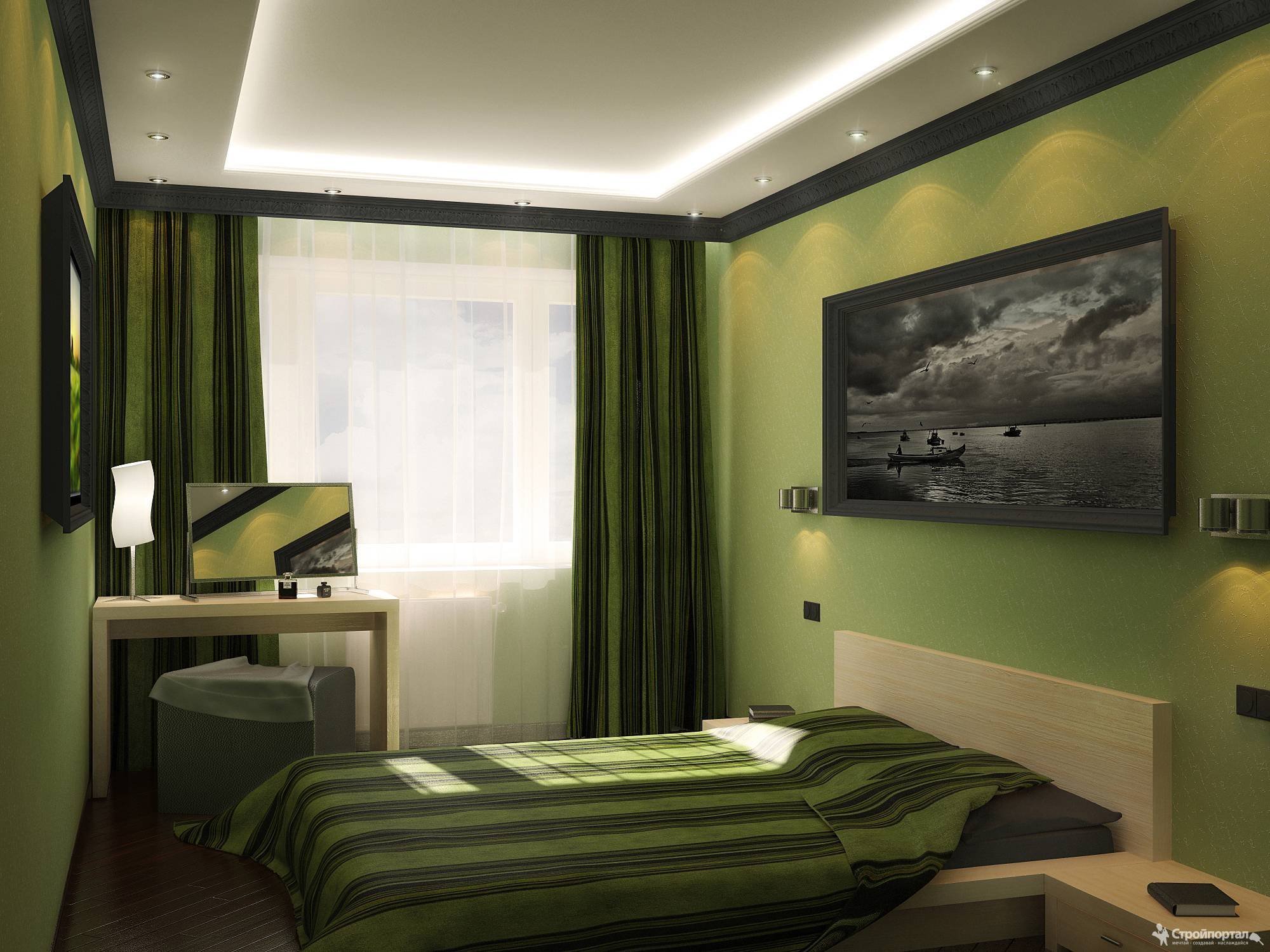 Ремонт зеленые обои. Спальня 15 кв м. Узкая спальня. Спальня в зеленых тонах. Спальня в салатовых тонах.
