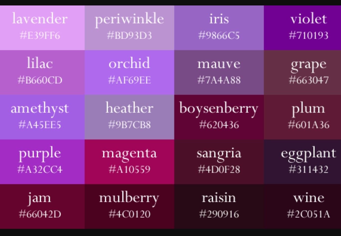 Оттенки фиолетового цвета с названиями
