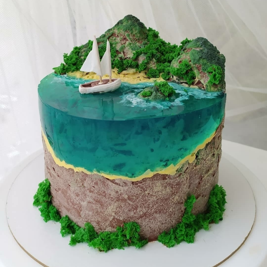 Гора желе. Торт остров Виллафранка. Мох для торта. Торт остров с желе МК. Торт море.