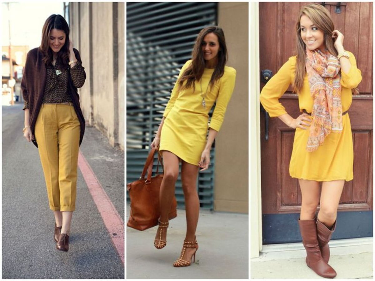 Горчично лимонный. Сочетание с желтым. Сочетание желтого и коричневого в одежде. Сочетание желтого в одежде. Сочетание с желтым цветом в одежде.