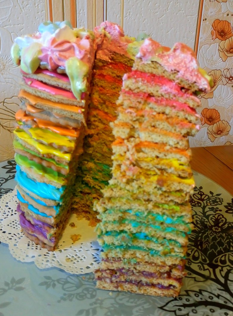 Торт из разноцветных коржей