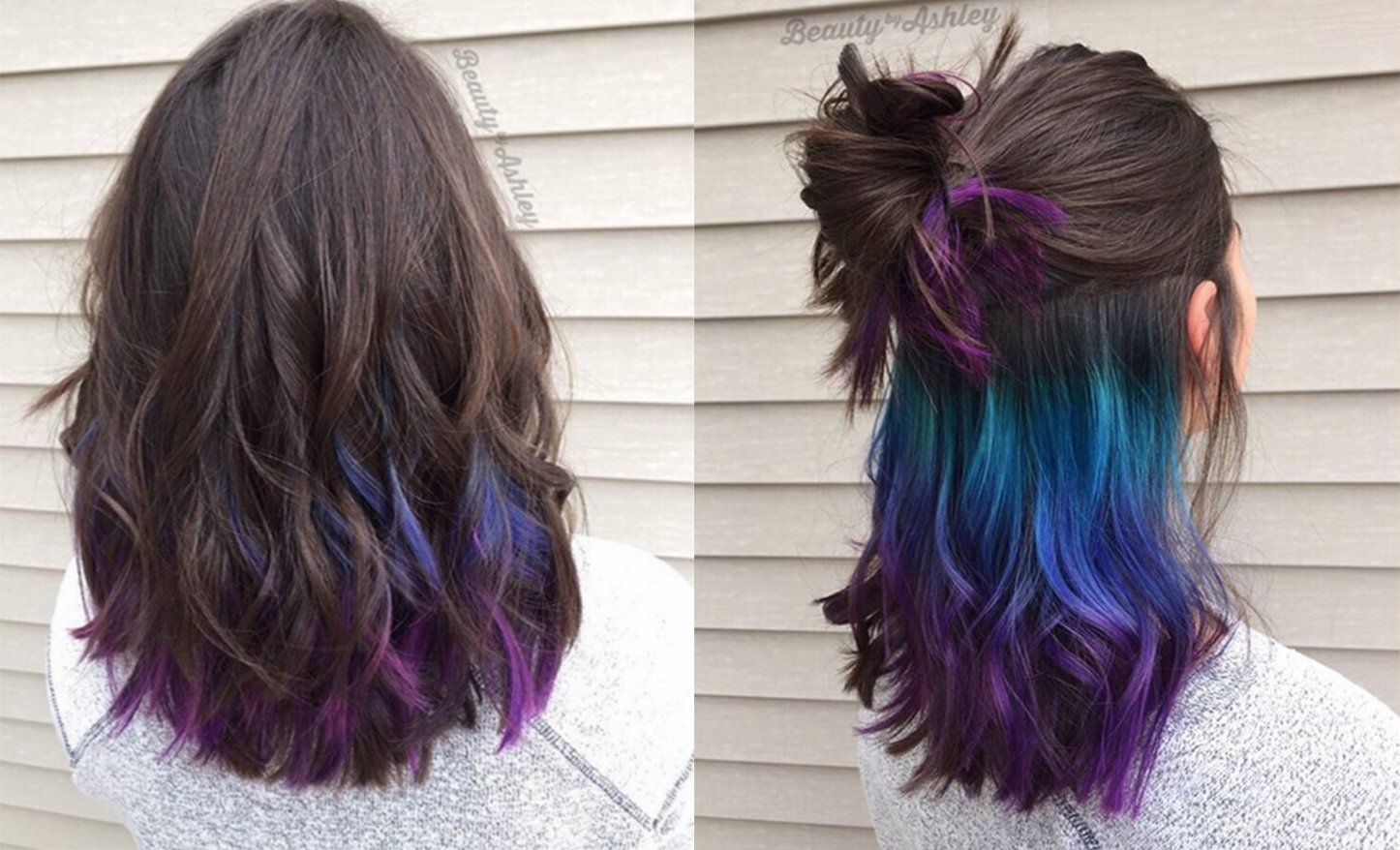 Покраска снизу. Скрытое окрашивание волос на темные. Фиолетовые пряди. Фиолетовые пряди на русых волосах. Цветные кончики волос на темных волосах.