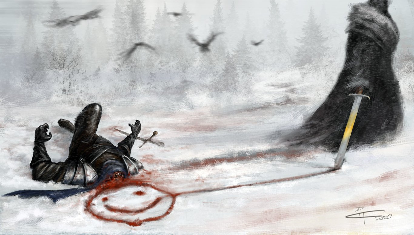 Раненый гора. Воин в снегу. Зима смерть.