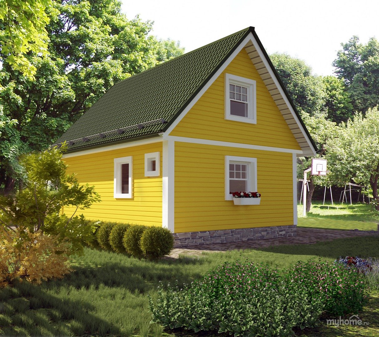 Желто серый дом. Желтый дачный домик. Дачный домик с зеленой крышей. Желтый загородный дом. Яркий дачный домик.