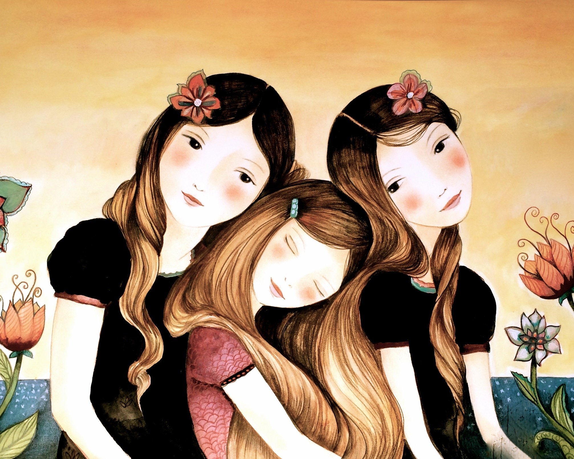 3 девочки 2 глава. Хизер три сестры. Подруги иллюстрация. Подружки рисунок. Четыре подруги.