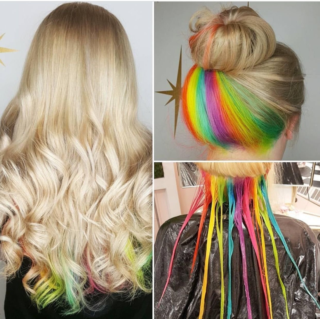 Покраска снизу. Разноцветные пряди волос. Разноцветные пряди на светлых волосах. Радужные волосы. Скрытное покрашивоние.