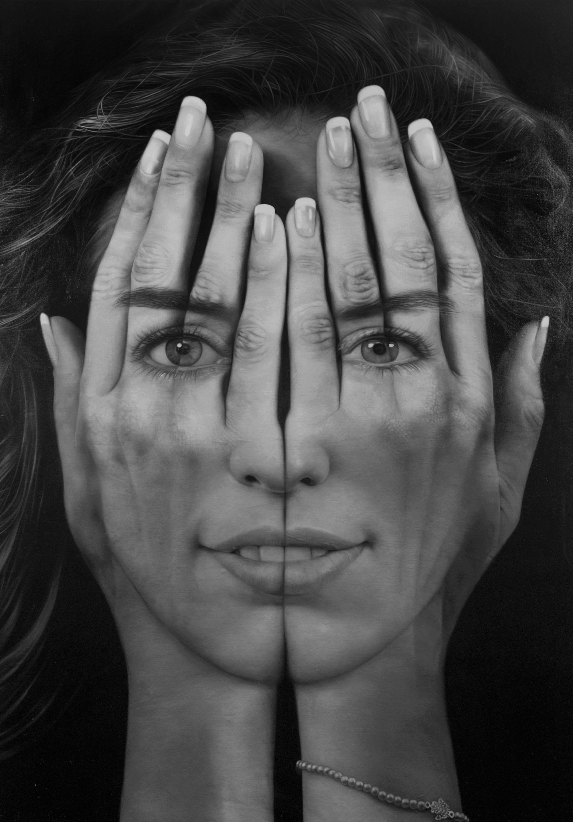 Оптические люди. Необычные эмоции. Эмоциональная иллюзия. Фотопортрет с руками. Сюрреализм эмоции.