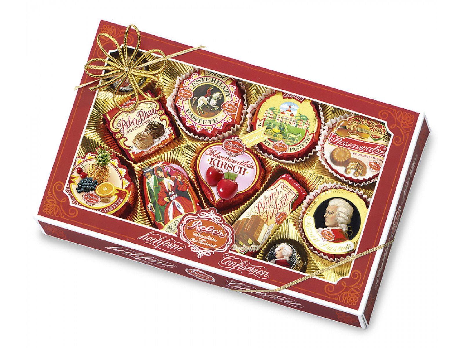 Шоколадные подарки новый год. Конфеты Reber Mozart 300г. Шоколадные конфеты Моцарт Reber, 340г. Reber 200 гр ассорти 3. Коробка конфет красный октябрь.