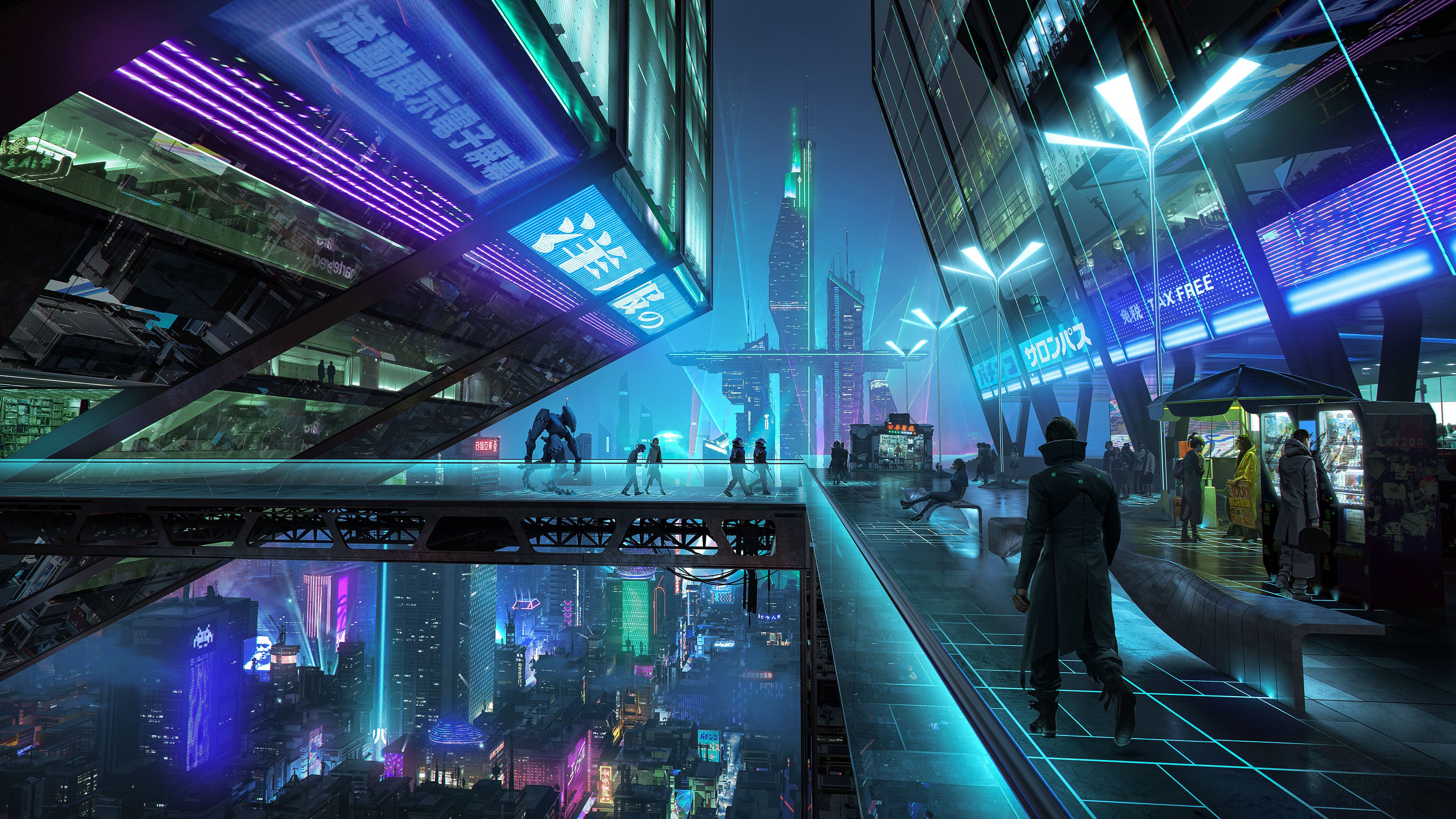 Cyberpunk 2077 город 4k Neon Samurai
