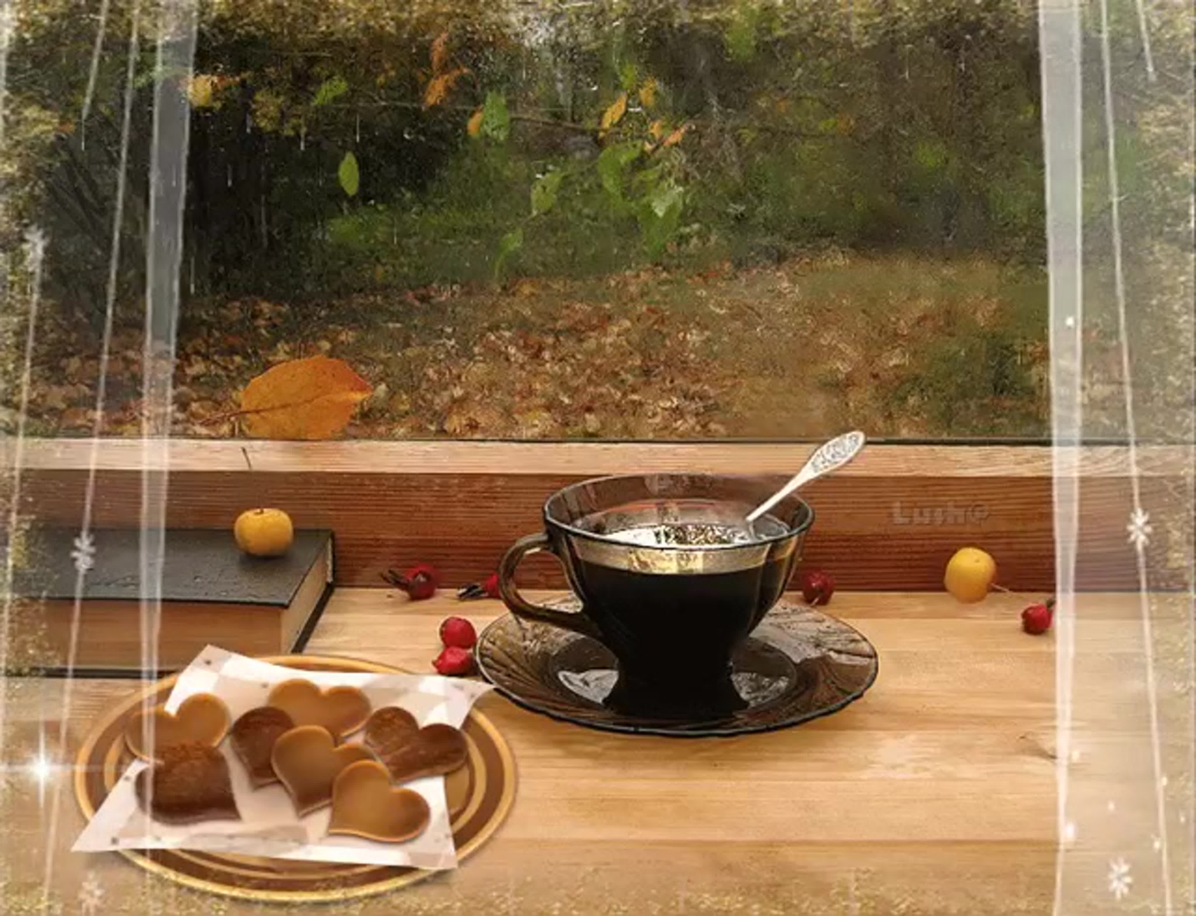Осеннее чаепитие. Доброе дождливое утро. Доброе утро дождь. Чай у окна.